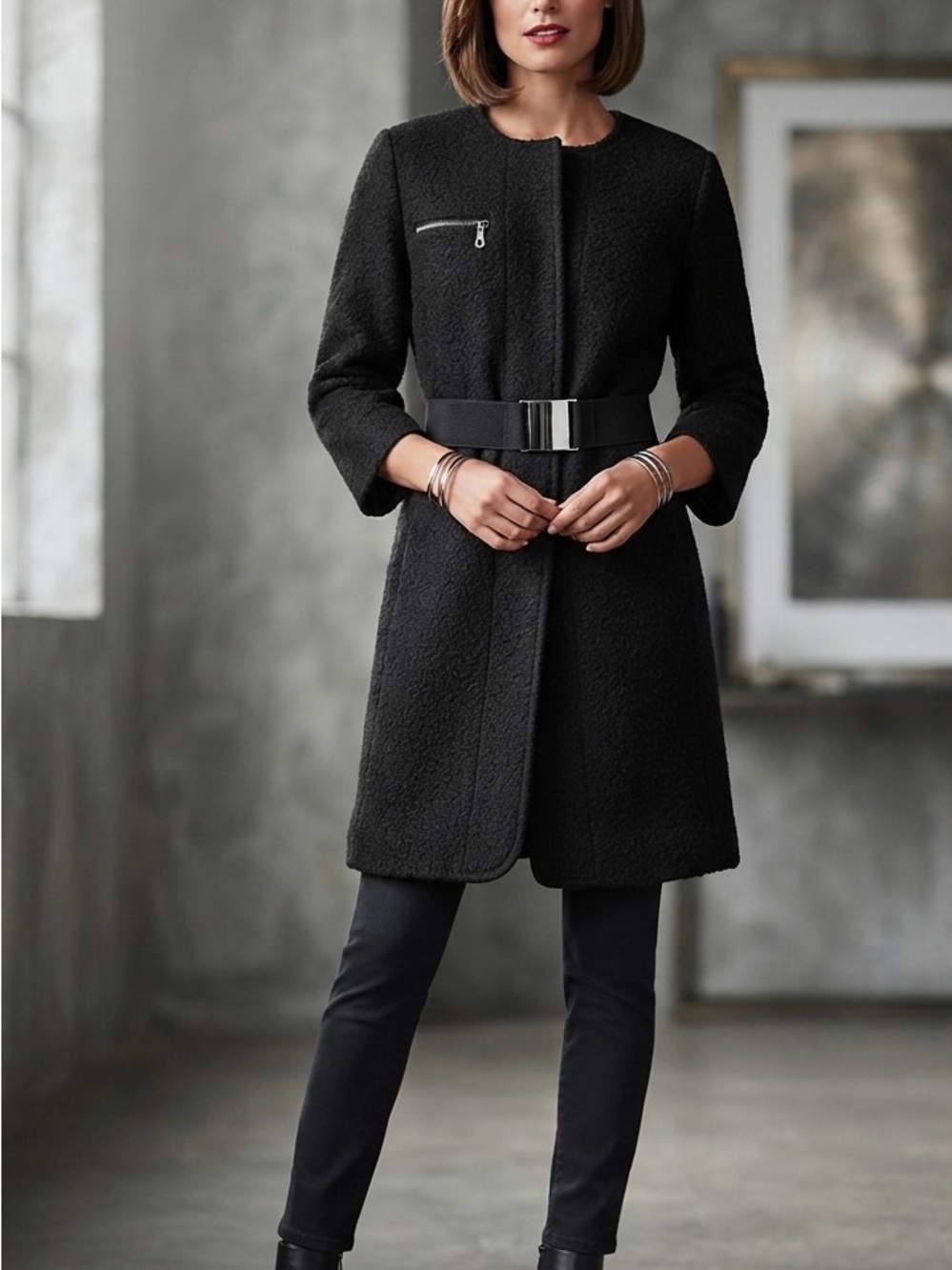 Katherine Barclay Black Bouclé Belted Pea Coat